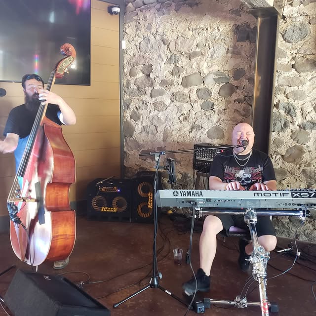 Jim and Rob performing indoors — upright bass and keyboard